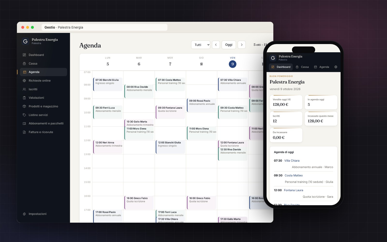 Gestio: l'agenda della settimana di una palestra e, sul telefono, la dashboard con incassi e appuntamenti di oggi