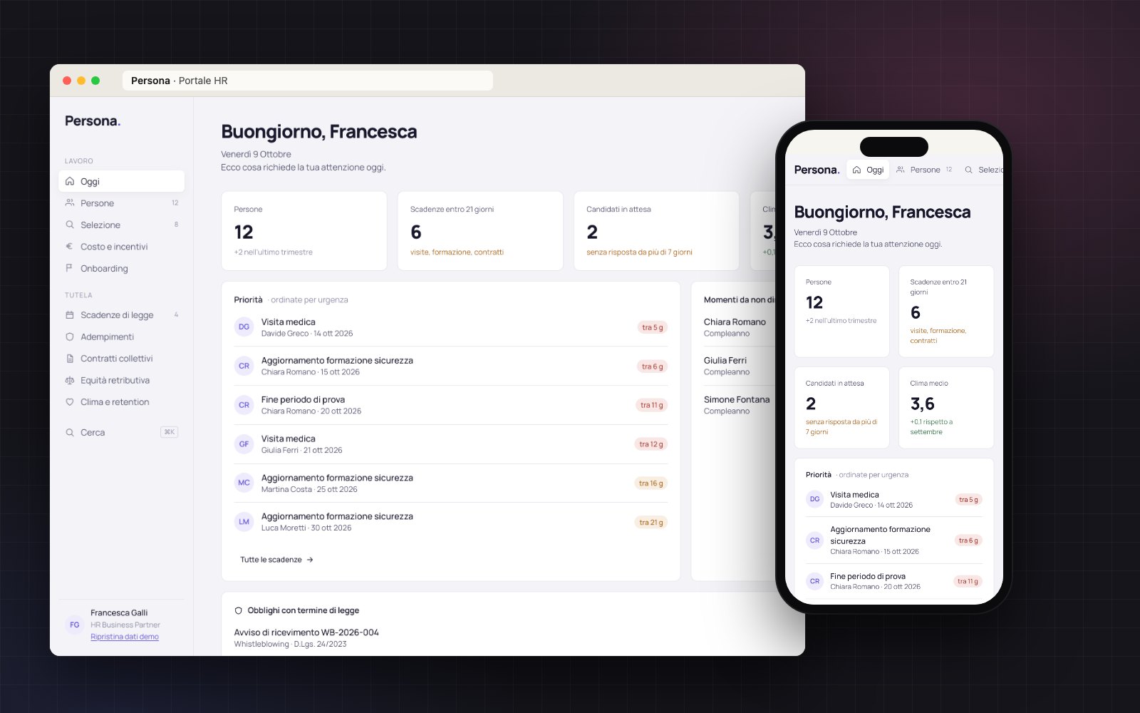 Persona: la pagina Oggi del portale HR con scadenze e priorità e, sul telefono, lo stesso riepilogo